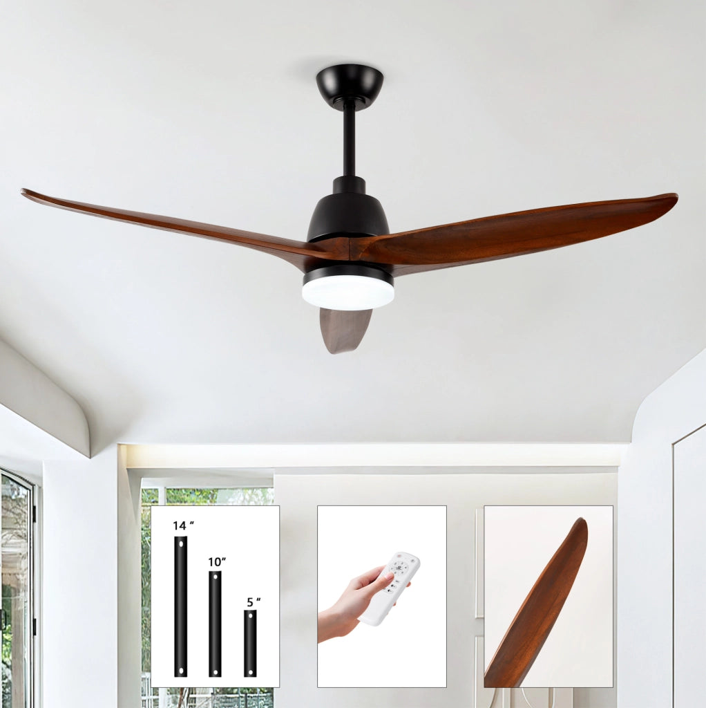 Ventilatore da soffitto 52" con luce LED a 3 tonalità; 3 pale in legno massello; nero e noce scuro