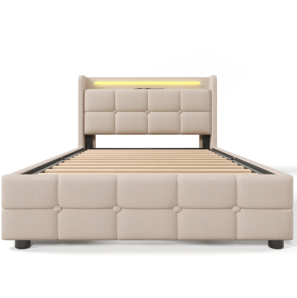 Letto singolo 90x200 cm con USB; prese; LED e 2 cassetti; beige