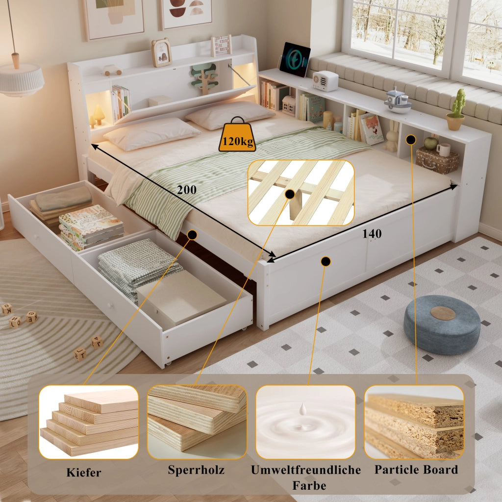 OKWISH Letto con Cassetti 140×200 cm, Letto Matrimoniale con Testiera Contenitore, USB, 2 Luci e Armadietti Laterali, senza Materasso, Bianco