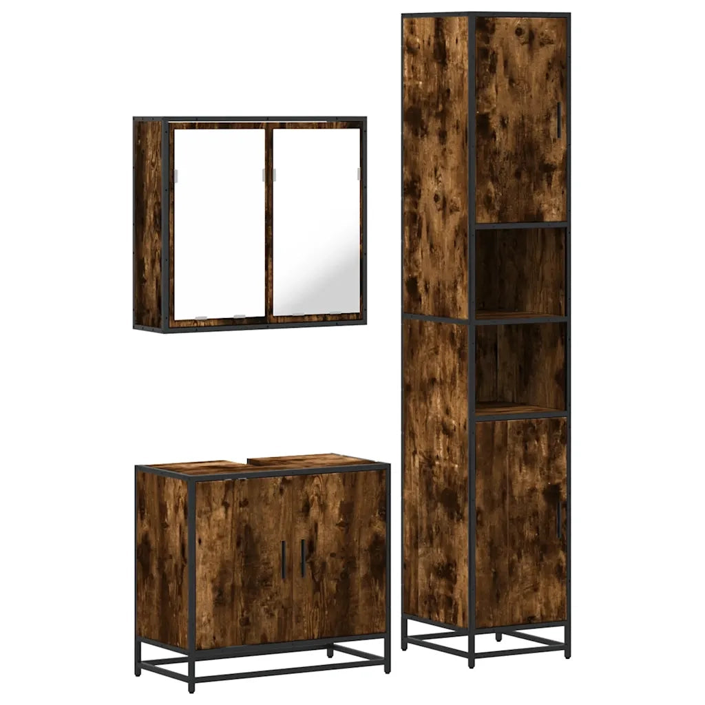 Set Mobili da Bagno 3 pz Rovere Fumo in Legno Multistrato