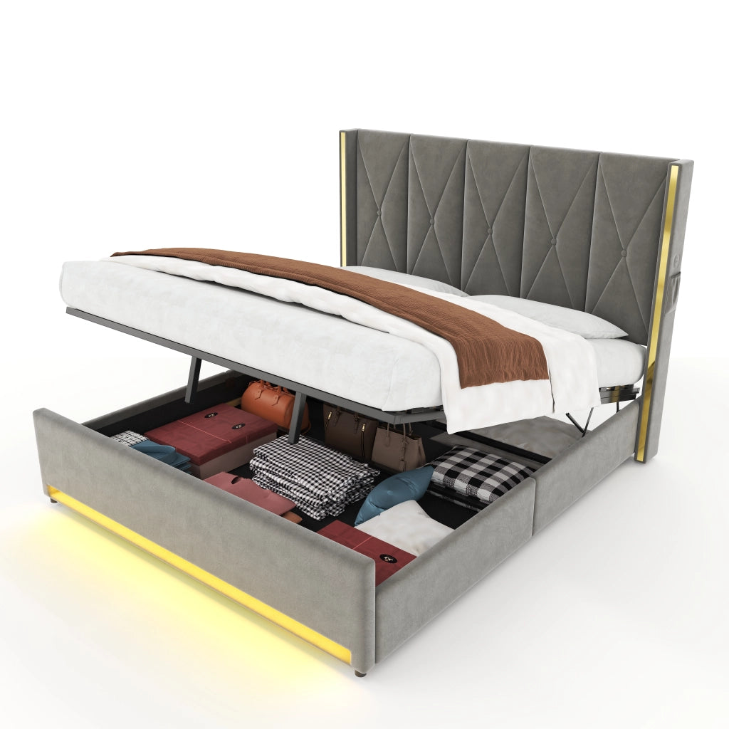 Letto contenitore 180 × 200 cm con testiera alta, USB e Type-C, LED regolabile, senza materasso, in velluto, grigio