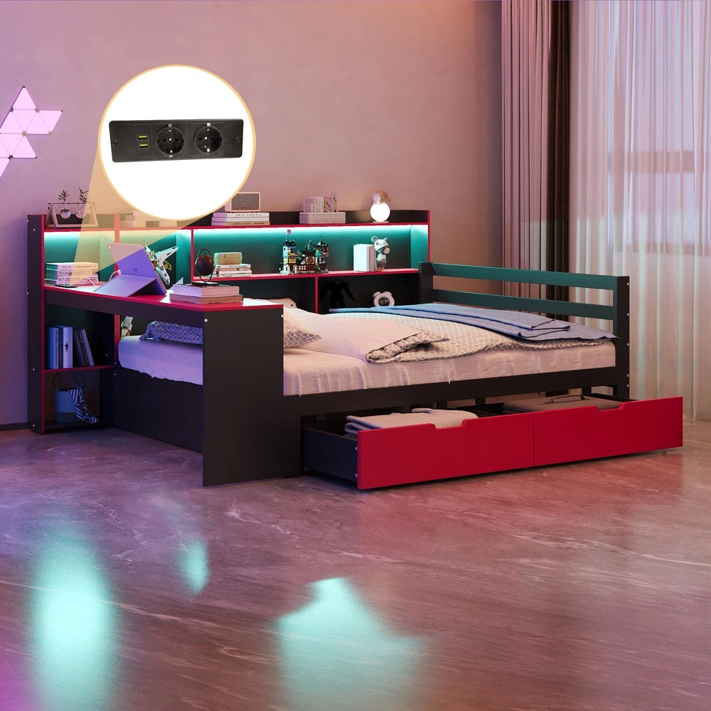 Letto a Soppalco Multifunzionale con Scrivania ¨C Xylo ¨C Legno, Cassetti, LED, Nero, 140x200