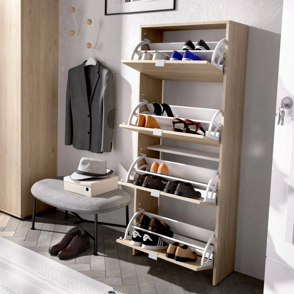 Scarpiera Arsa, Portascarpe salvaspazio da ingresso, Mobiletto porta scarpe a 4 ante a ribalta, 61x25h149 cm, Rovere