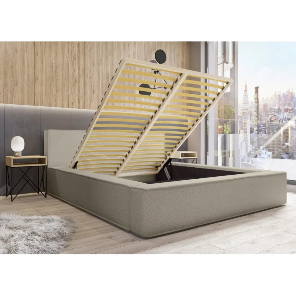 Letto contenitore VELORA - Lino naturale bouclé - 180x200 cm - Tessuto effetto lana - Rete sollevabile - Spazio di stoccaggio integrato