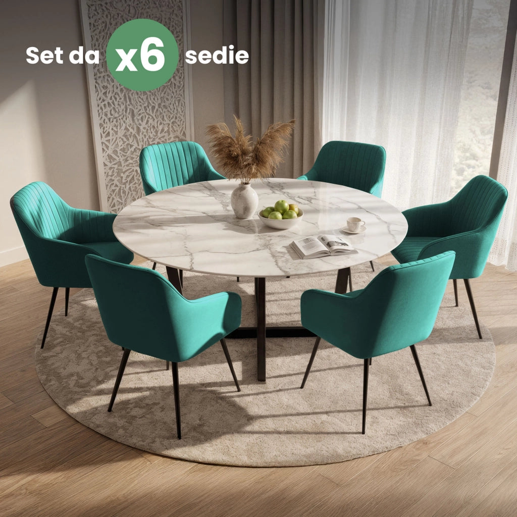 Set di 6 Sedie in velluto con cuciture verticali FLORENCE Verde Bottiglia gambe nere