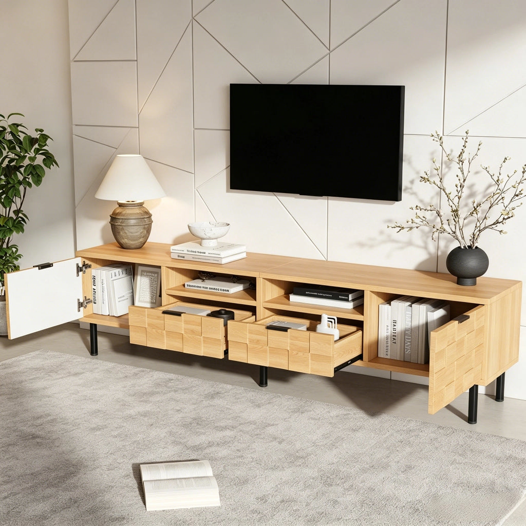 Mobile TV basso 200 cm in naturale, con 2 ante, 2 cassetti e 2 vani aperti, per TV fino a 80"