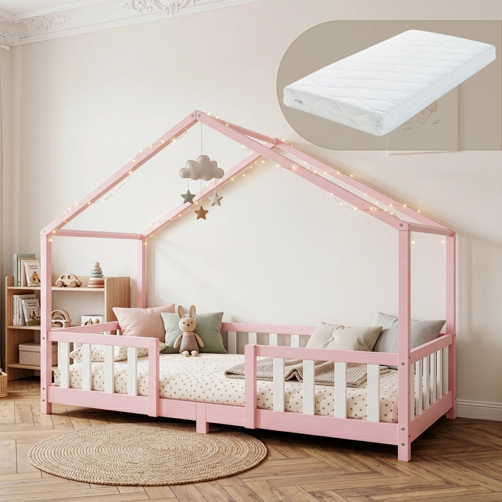 Letto per Cameretta Treviolo a Forma di Casetta in Stile Montessori con Materasso 90x200 cm - Rosa/Bianco [en.casa]