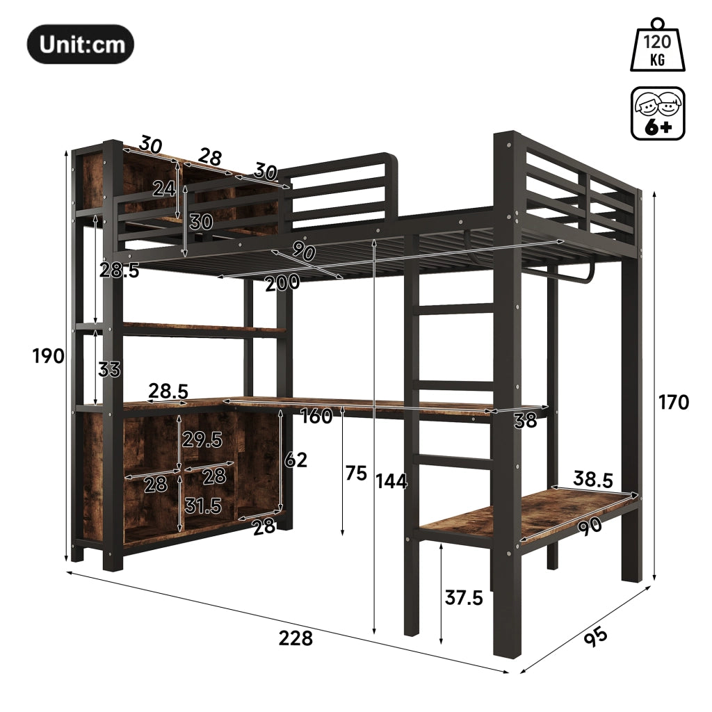 Letto a soppalco 90 × 200 cm con scrivania, guardaroba, ripiani e vani portaoggetti, senza materasso, nero