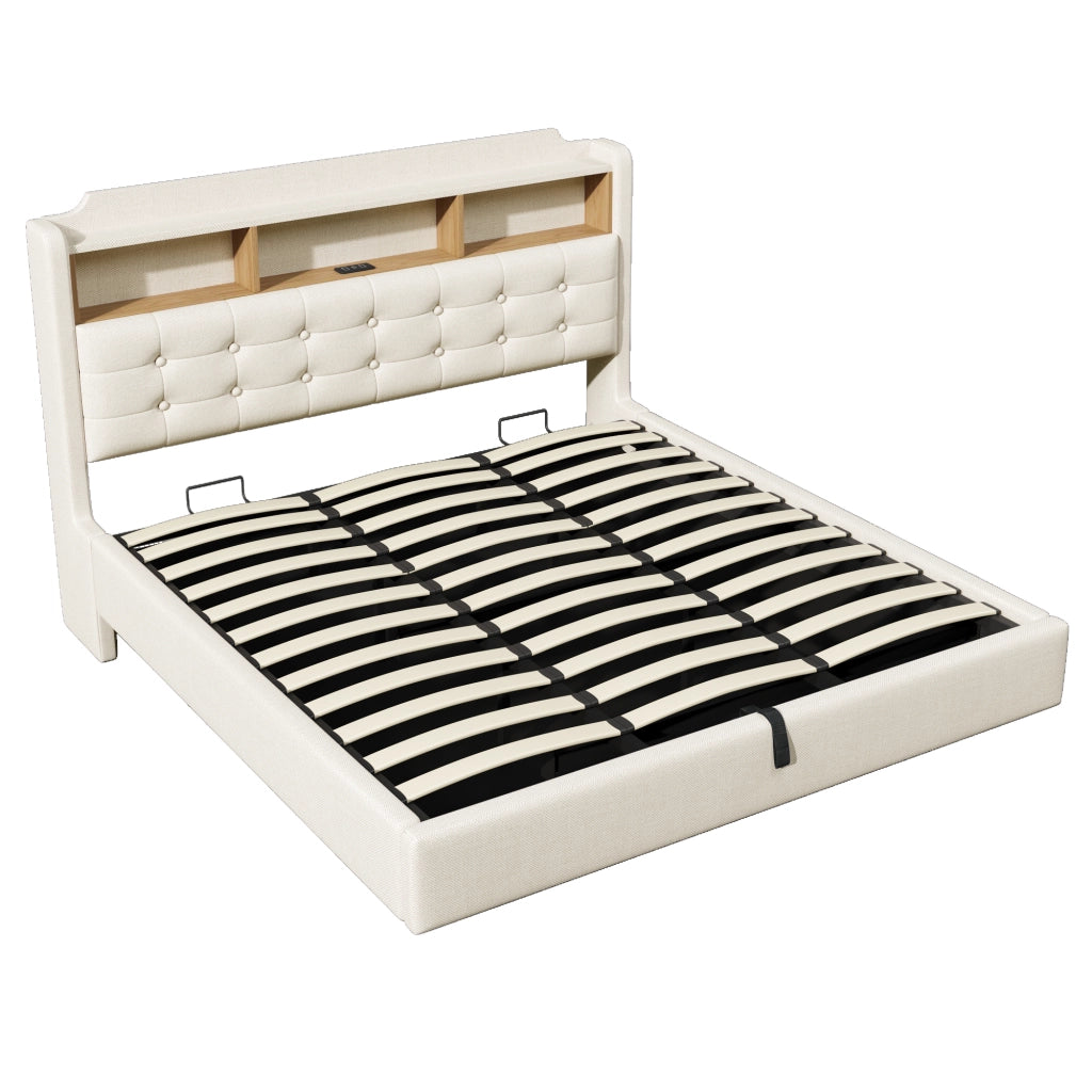 Letto contenitore matrimoniale con LED; USB; type-C e vani 180 × 200 cm; senza materasso; beige