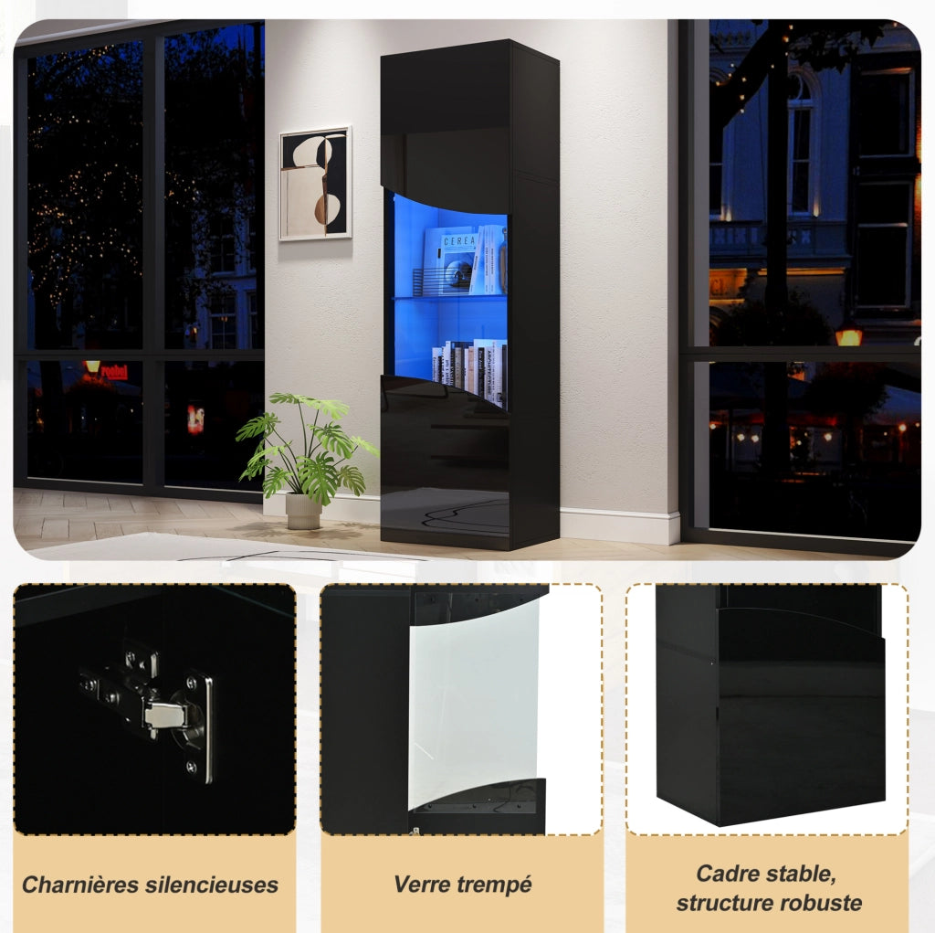 Vetrina alta e stretta 35x50x165 cm in truciolare nero lucido con LED e vetro temperato