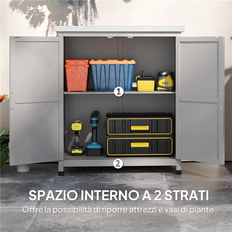 ARMADIO DA ESTERNO CON RIPIANO E BANCO DA LAVORO IN LEGNO E ACCIAIO, 79X43X92 CM, GRIGIO