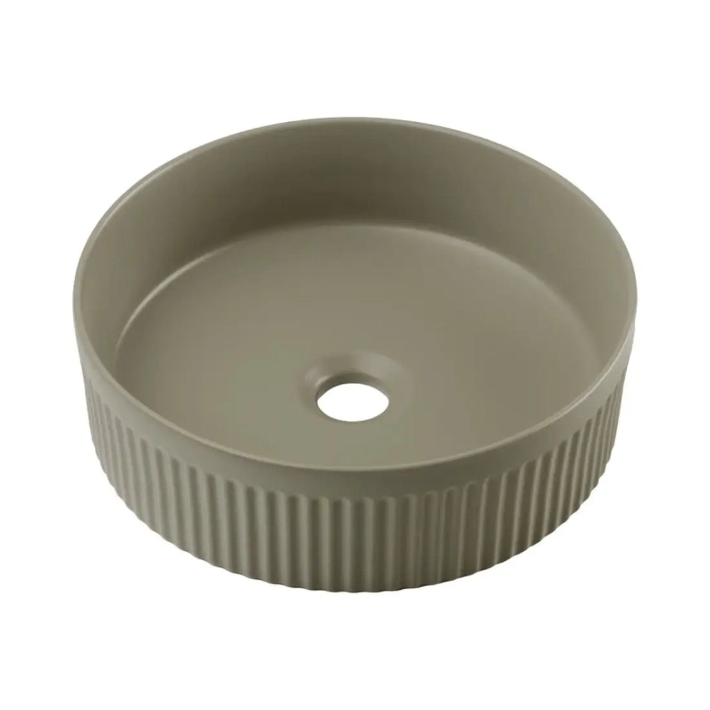 Set da bagno NATURA 60cm: mobile sotto lavabo + piano per lavabo + lavabo da appoggio rotondo verde kaki scanalato