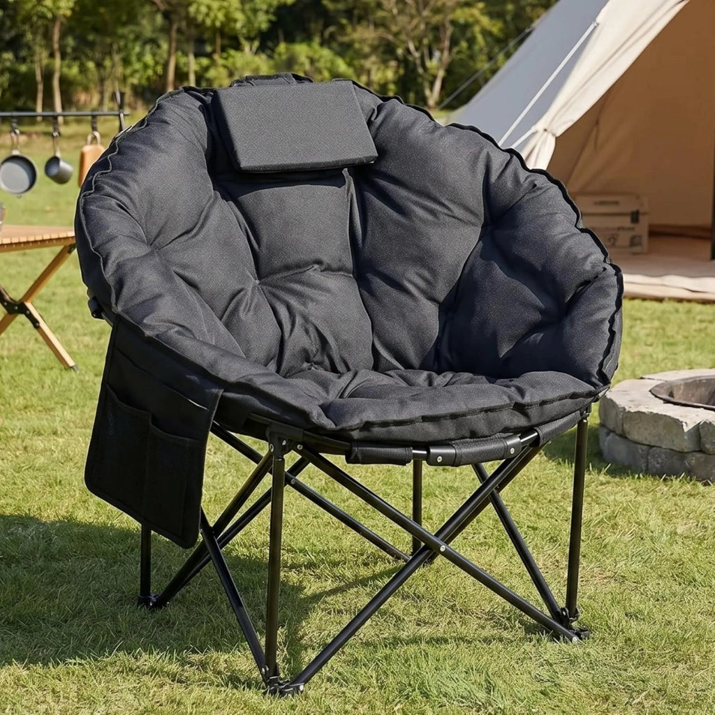 Sedia Pieghevole da Campeggio 150KG, Sedia da Campo Portatile, Moonchair imbottita XXL, con Poggiatesta, Tasca Laterale, borsa per il trasporto, per Giardino, Spiaggia, Trekking, Pesca, Grigio