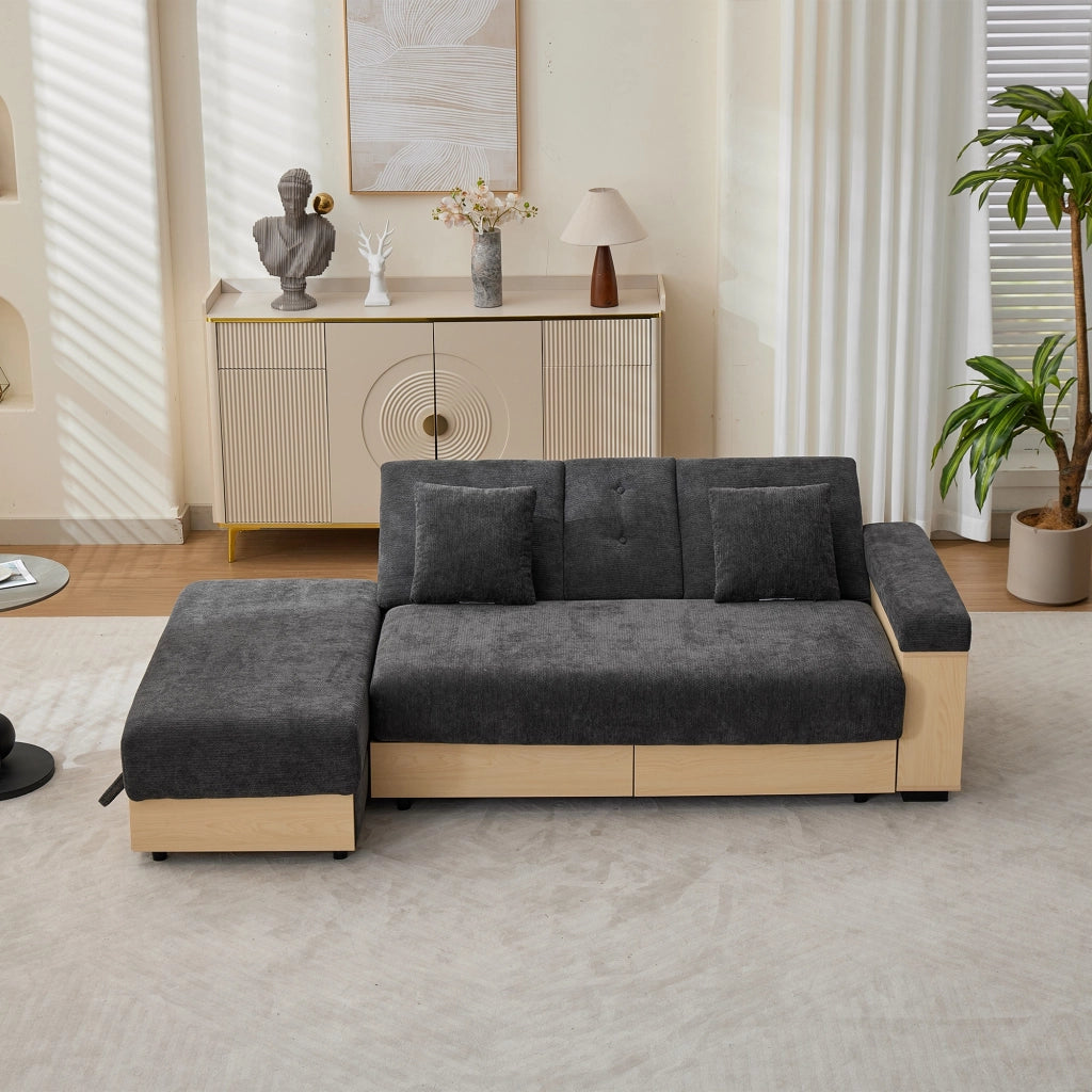 Divano modulare, schienale regolabile, 2 cassetti, tessuto chenille, struttura in MDF, con portabicchieri, poggiapiedi con vano portaoggetti, grigio
