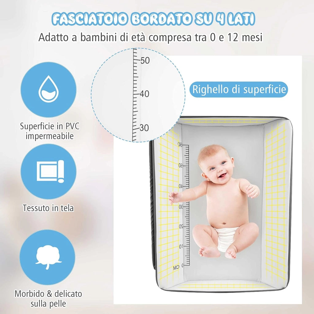 4-in-1 Fasciatoio Pieghevole con Rotelle, Altezza Regolabile, Fasciatoio Portatile con Portaoggetti Borsa e Ripiano, Fasciatoio Neonato 0-12 Mesi (Grigio)