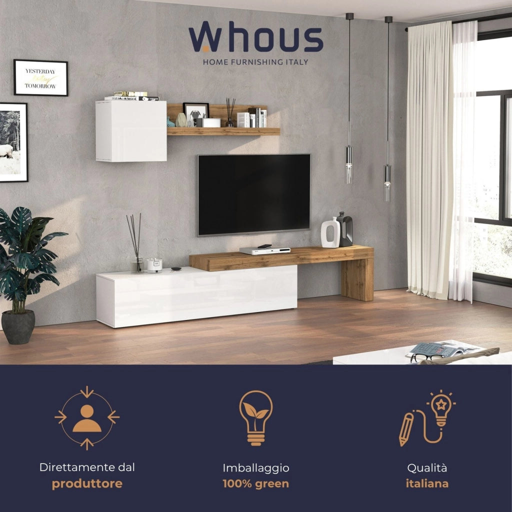WHOUS Parete attrezzata Chronos set soggiorno bianco lucido e rovere 190/350x40 cm