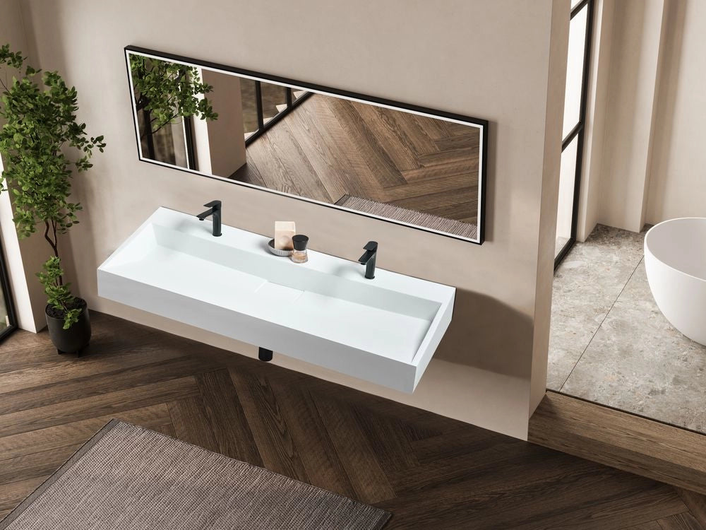 Lavabo doppio bagno classico rettangolare in ceramica finitura lucida 120 x 46 cm bianco Lavello da bagno rettangolare