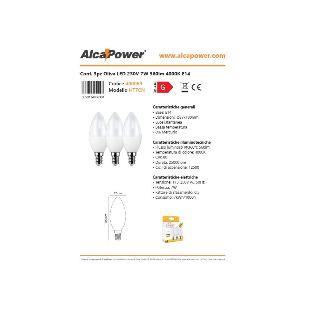 Alca power c37 7w 220v 560lm 4000k e14 lampada mini oliva a led box da 3pz