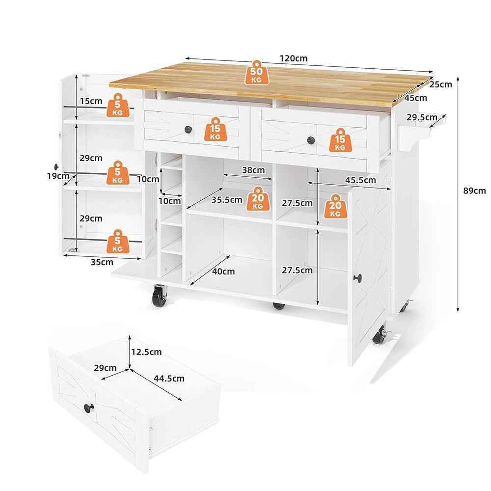 Isola da cucina con piano ribaltabile - Xylo - 120 x 45(70) x 89 cm - Bianco - 5 ruote bloccabili, scaffale porta, portabottiglie e portabicchieri