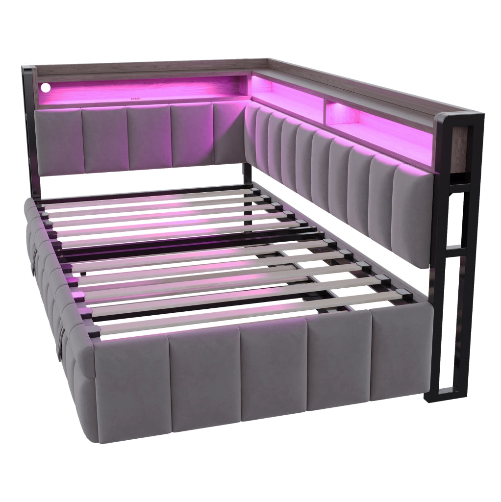 Divano letto estraibile 90x200 cm in velluto grigio scuro con LED; USB e vano portaoggetti