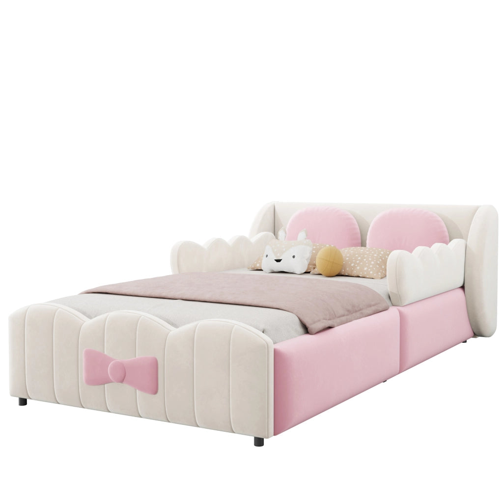 Letto per bambini imbottito 90x200 cm in velluto beige con contenitore idraulico e cuscini