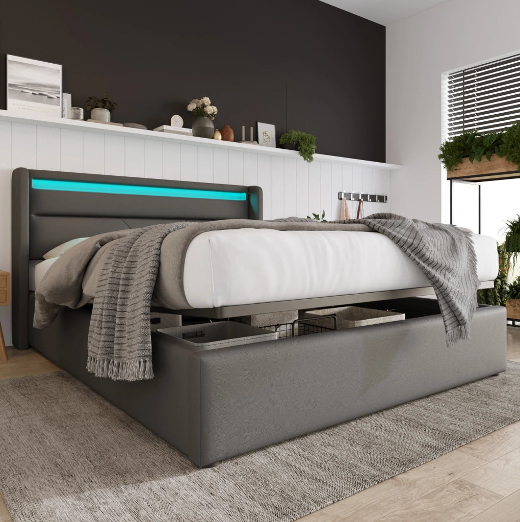 Letto matrimoniale contenitore 160x200 cm con LED e testiera imbottita; grigio
