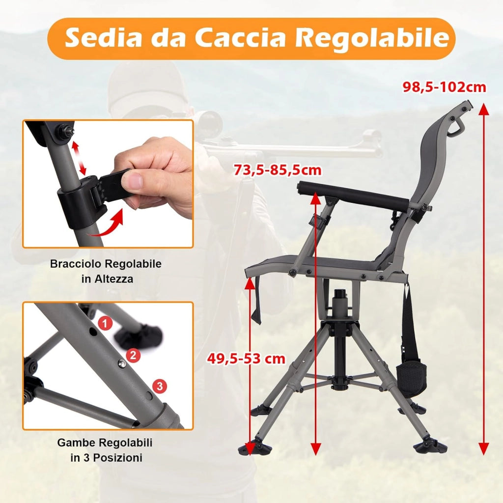 Sedia da Caccia, Sedia da Cecchino Pieghevole con Gambe e Supporto per Fucile Regolabili, Girevole Silenziosa a 360°, Schienale Ergonomico, Sedia da Terra Portatile, Portata 150 kg