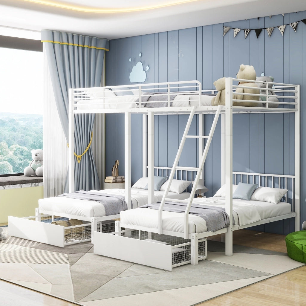 Letto a tre livelli in metallo bianco 140x200 cm; trasformabile in 3 letti separati con 2 cassetti