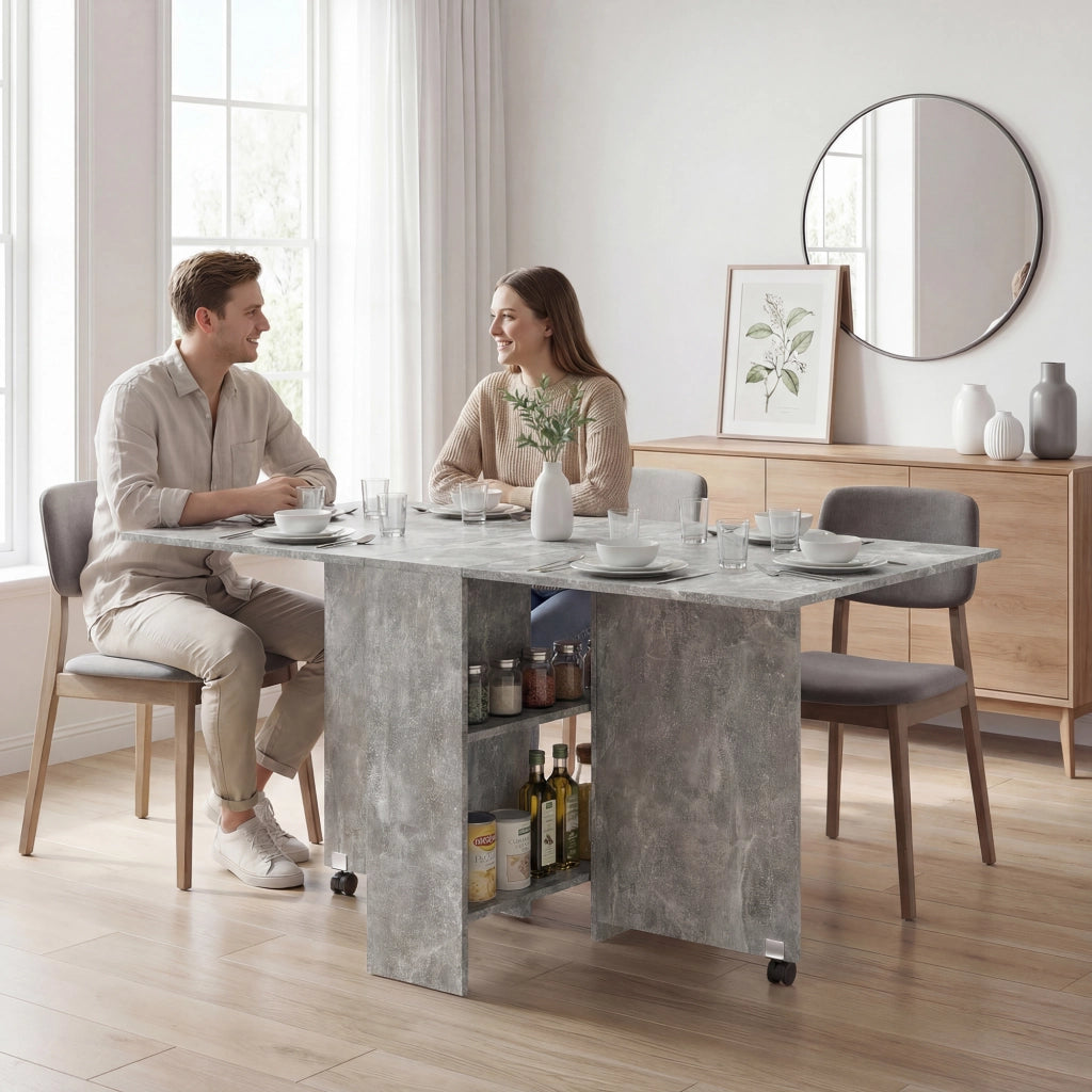 Tavolo Pieghevole in Legno per 4-6 Persone con Ruote. 75x140x74cm. Grigio