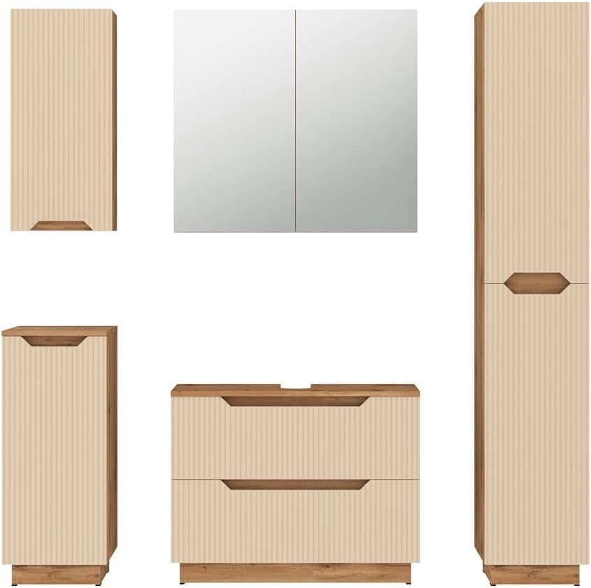 Set di mobili da bagno Lotta, Bianco, 79.6 cm, composto da mobile sottolavabo, specchiera, colonna, base media e pensile