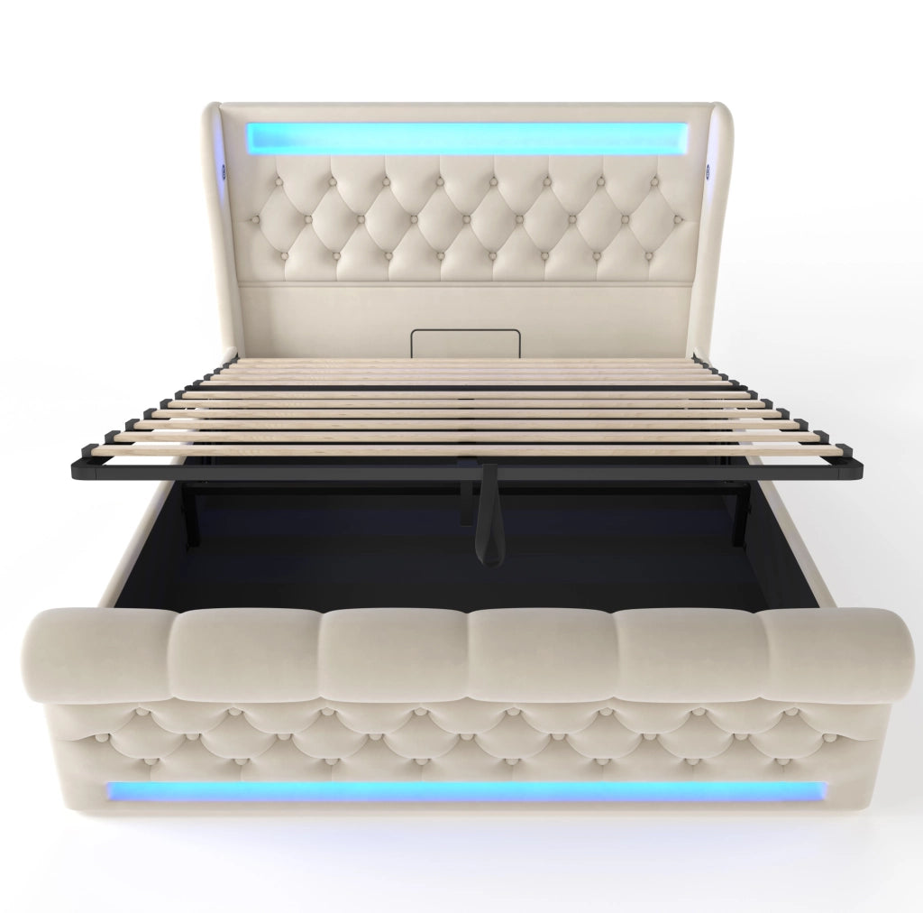 Letto matrimoniale imbottito 140x200 cm in velluto beige con LED; contenitore e USB