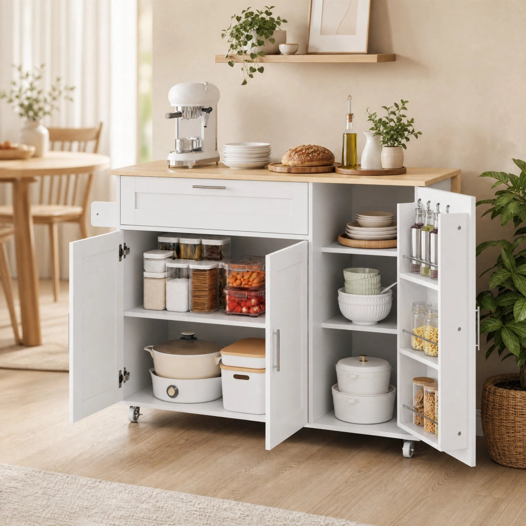 Carrello da cucina mobile con piano ribaltabile, 132,5x44(70)x90 cm, bianco/naturale, con ampio spazio contenitivo