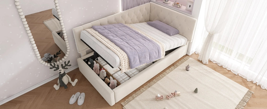 DESMIU Letto Divano 90 × 190 cm 1 posto con contenitore idraulico, senza materasso, in velluto, beige