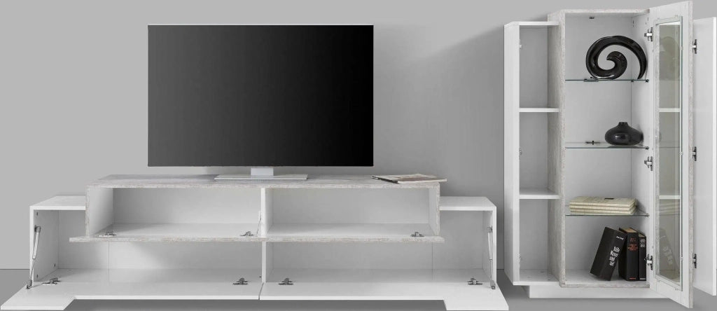 Parete attrezzata soggiorno bianco grigio mobile porta TV vetrina Corona