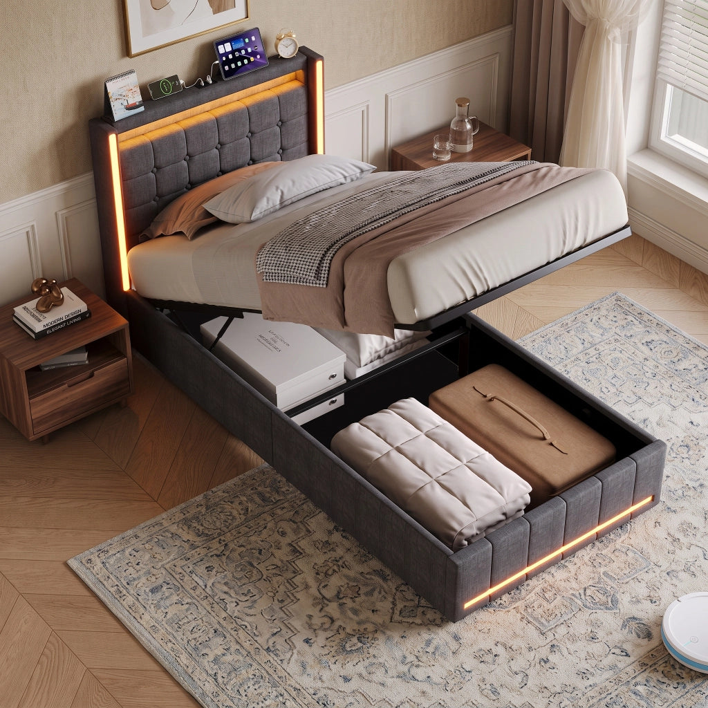 Letto singolo 90x200 cm con contenitore e LED  struttura letto con testiera e USB  letto contenitore in acciaio-grigio