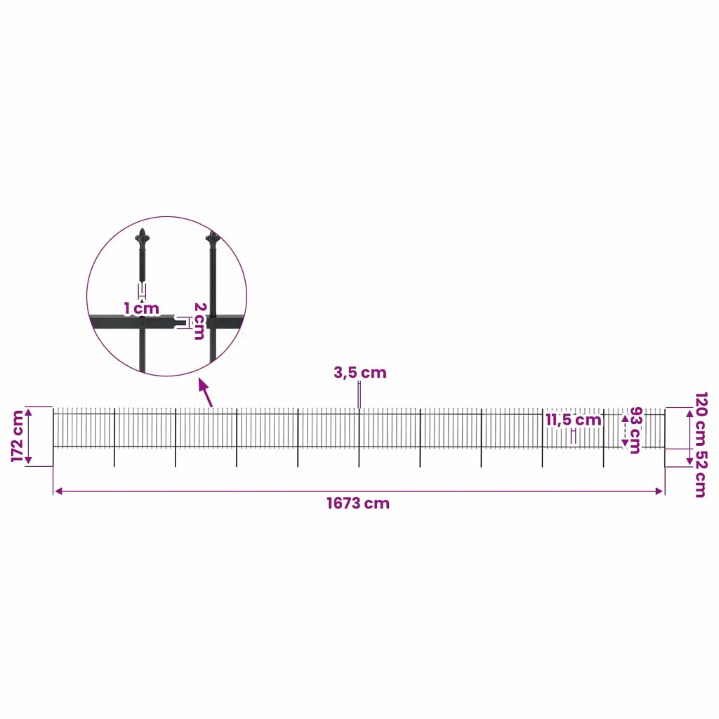 Recinzione da Giardino con Punta a Lancia in Acciaio 1673x120 cm Nero 277629