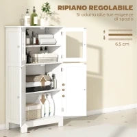 kleankin Mobiletto Bagno con due Armadietti, Ante in Vetro e Ripiano Regolabile, 60x30x108.5 cm, Bianco