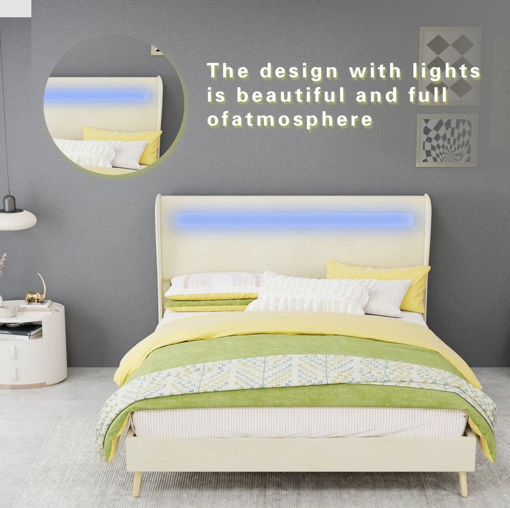 Letto imbottito con LED regolabili, 140x200 cm, tessuto e metallo, beige