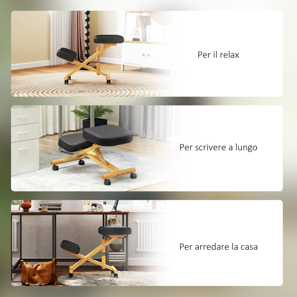 Sedia Ergonomica con Inginocchiatoio e Rotelle ¨C zephmum ¨C Legno di Caucci¨´, Nero