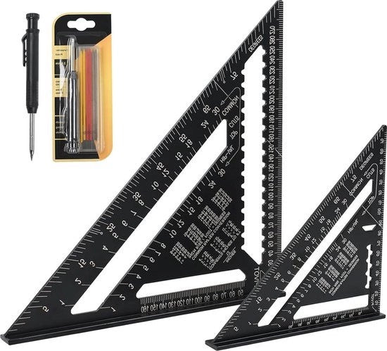 Liniale a triangolo metrico 2 pezzi 18 cm e 30 cm - matita da carpentiere - 6 riempimenti di matita - lega di alluminio - strumento di misura multifunzionale con layout a forma di angolo da carpentiere - uso professionale