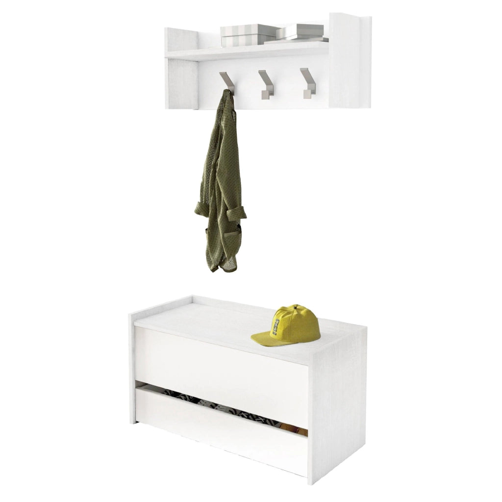 Mobile da ingresso Actinolite, Entratina moderna con appendiabiti, Mobile con scarpiera, Armadietto multifunzione, Cm 50x32h182, Bianco