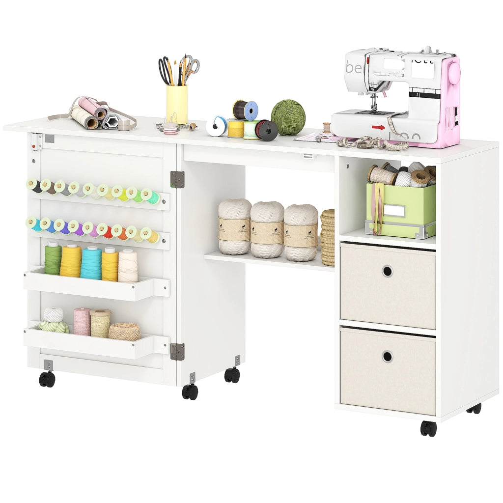 Tavolo da cucito pieghevole ¨C zephmum ¨C con cassetti e ruote bianco