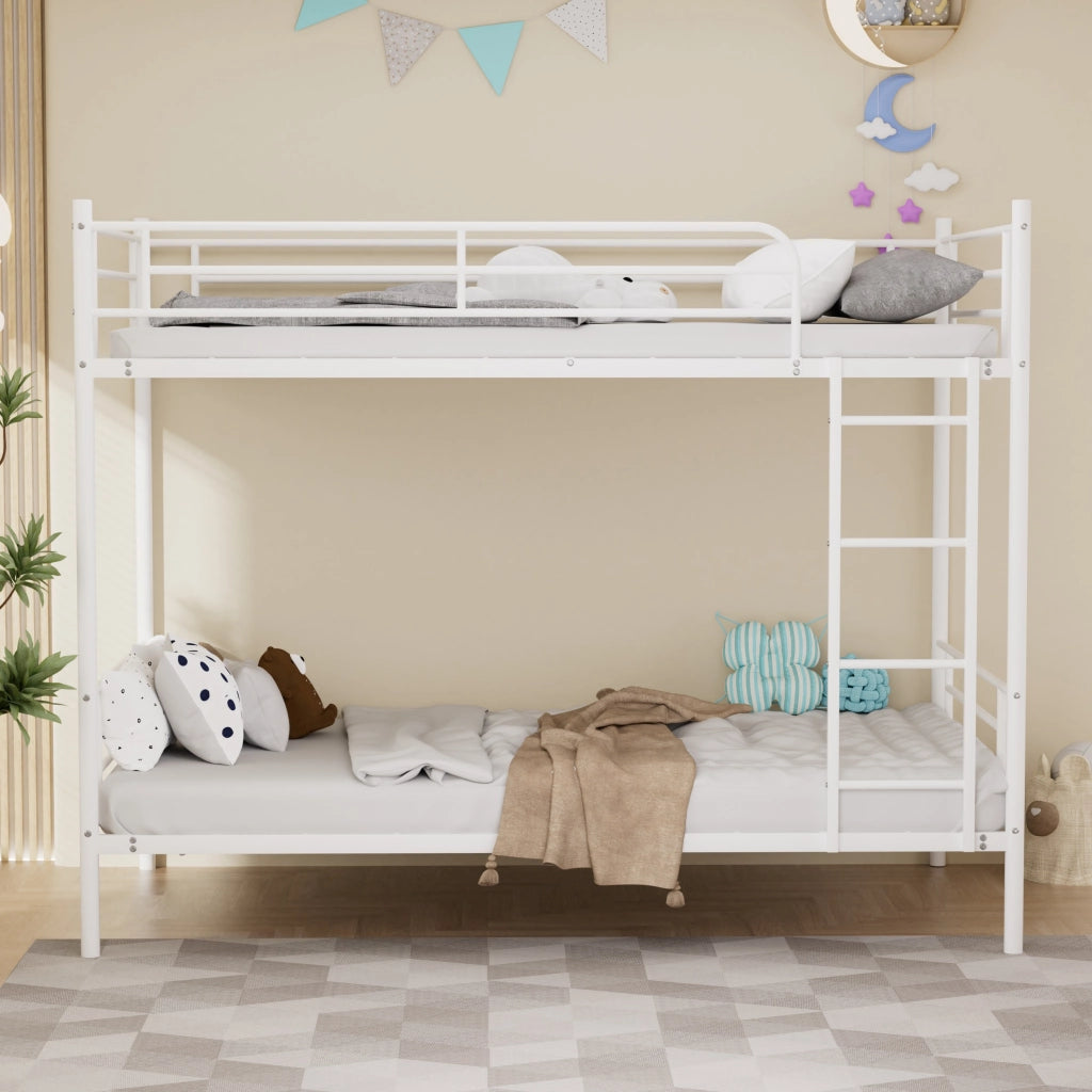 Letto a castello in metallo con scala e parapetto, 90x190 cm, bianco