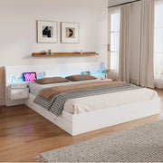 Letto matrimoniale 180x200 cm in MDF bianco con USB, prese, LED APP, 2 comodini, 2 cassetti, senza materasso