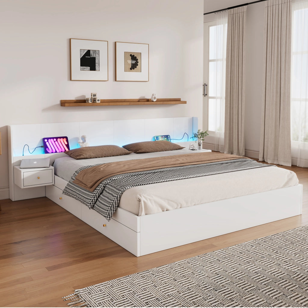Letto matrimoniale 180x200 cm in MDF bianco con USB, prese, LED APP, 2 comodini, 2 cassetti, senza materasso