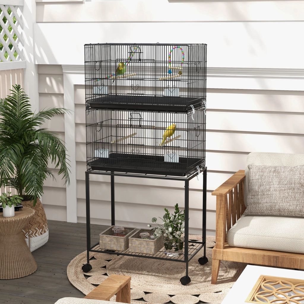 Gabbia per Uccelli in Acciaio e PP, Design Impilato con Posatoi, Altalene e Scalette, 77x46x164 cm, Nero