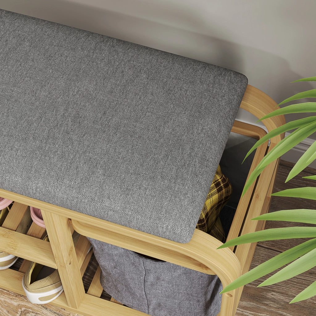 Panca porta scarpe con cuscino, ripiani a doghe e cestino scorrevole ¨C zephmum ¨C legno naturale 70x30x45cm