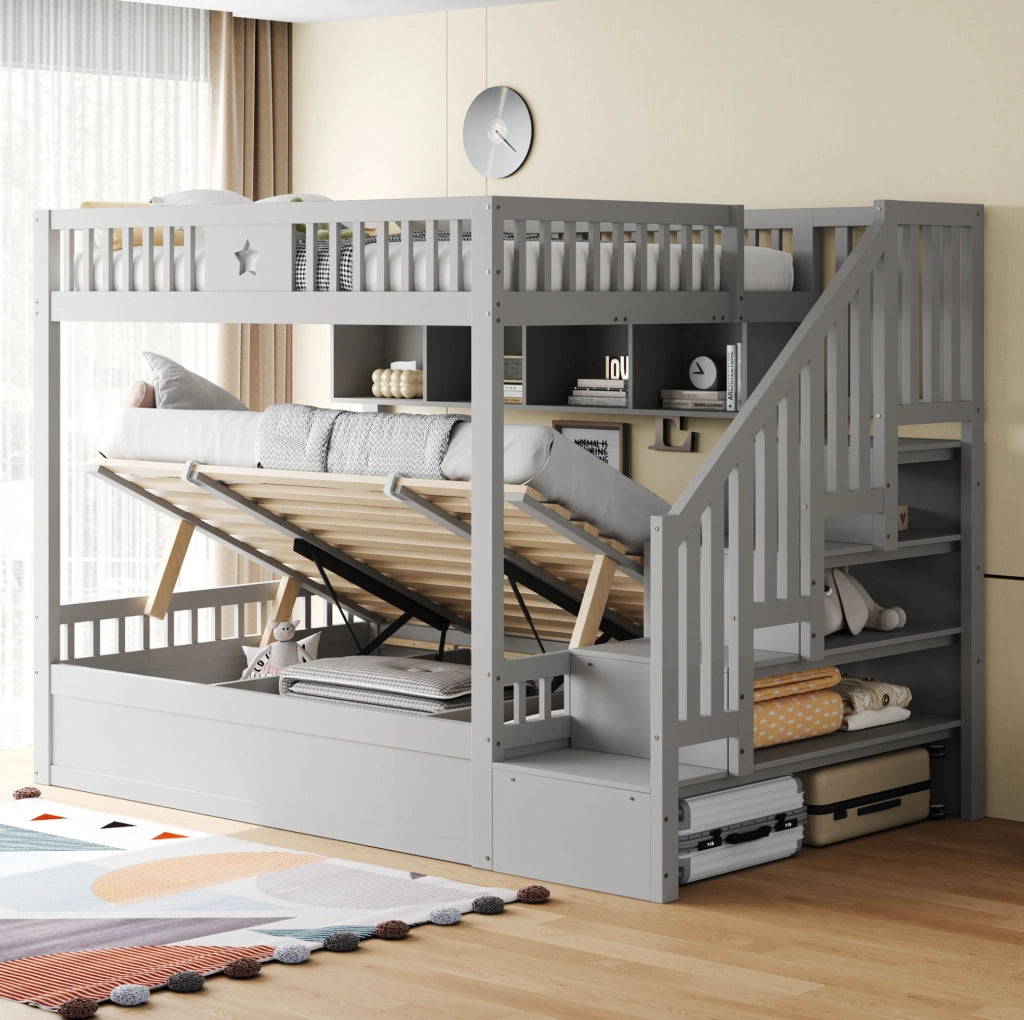 Letto a castello in legno 140x200 cm con letto inferiore idraulico; scaletta con ripiani; grigio