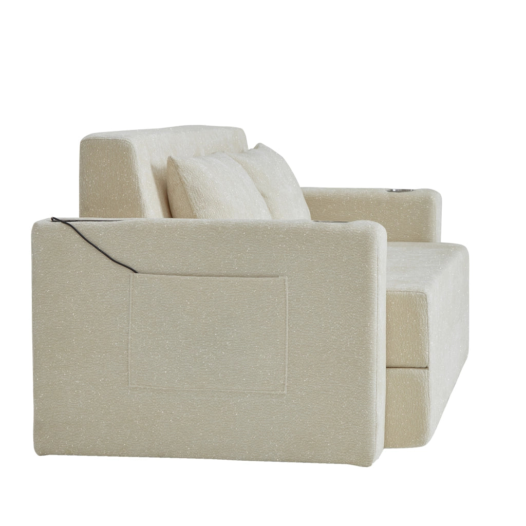 Divano letto a 2 posti con funzione letto, USB, portabicchieri e tasche laterali in morbida chenille beige