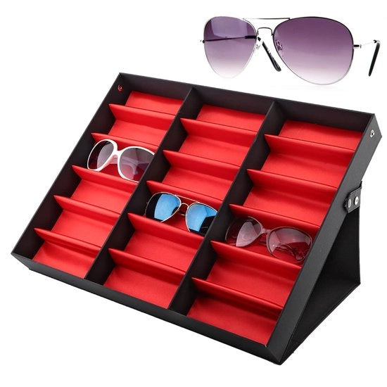Supporto per occhiali da sole 18 contenitori - Scatola di stoccaggio con coperchio - Display box - Borsa da viaggio - Accessori da archiviazione - Dimensioni perfette 47x37x6 cm
